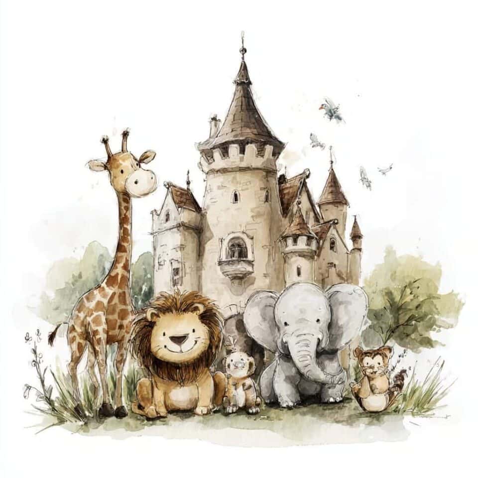 La princesa Vanesa – cuento infantil: una jirafa, un león, un elefante y otros animales ante el castillo